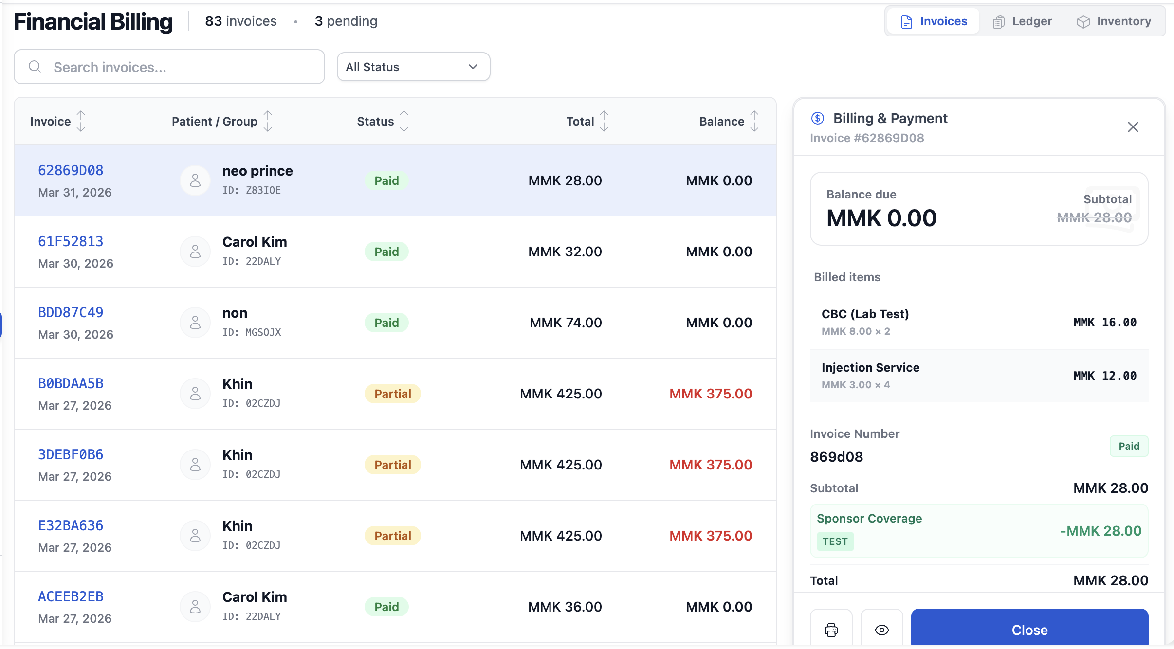 ငွေတောင်းခံလွှာ စီမံခန့်ခွဲမှု (Billing) interface preview