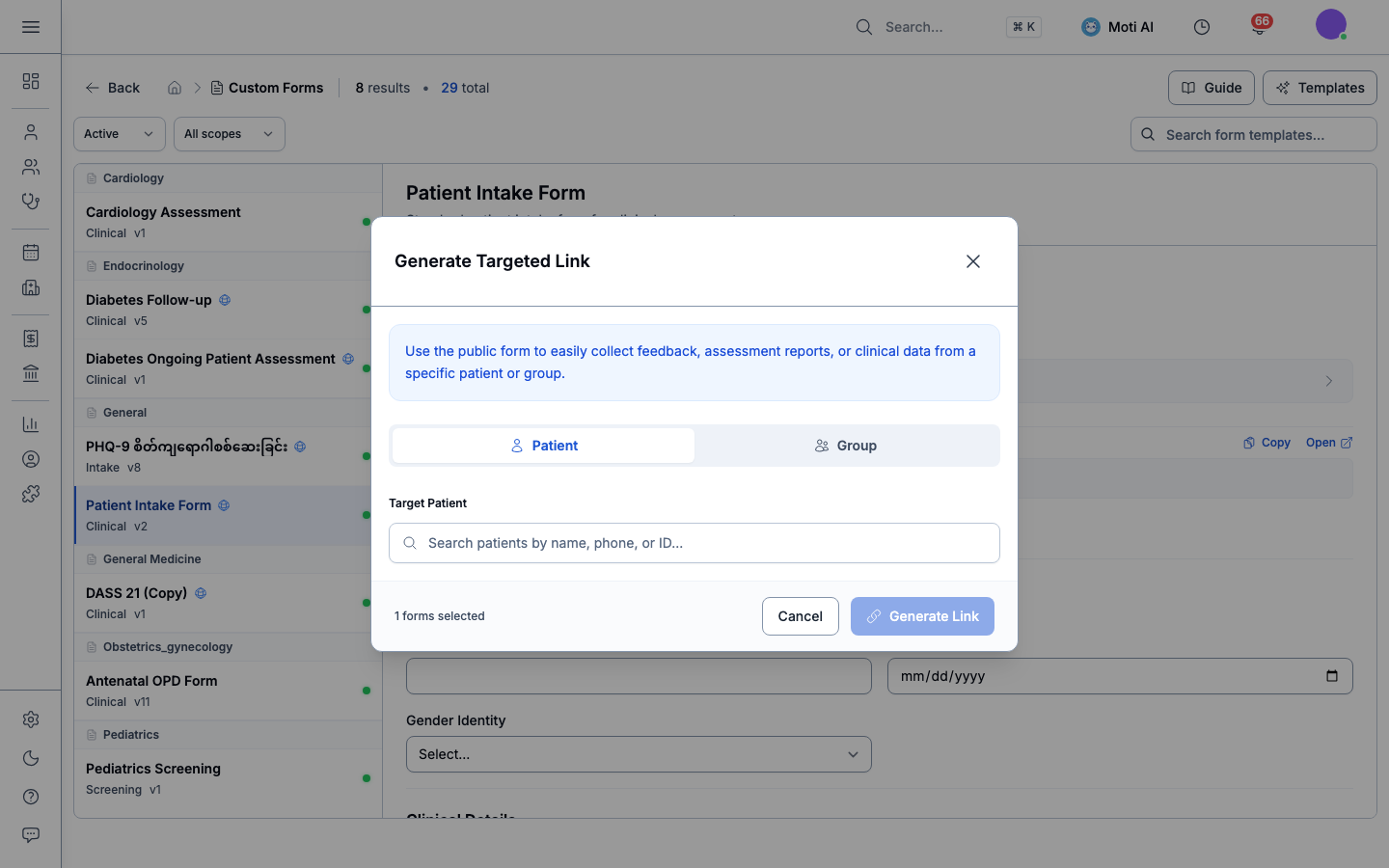 Targeted Link Generation Modal for Patient or Group
