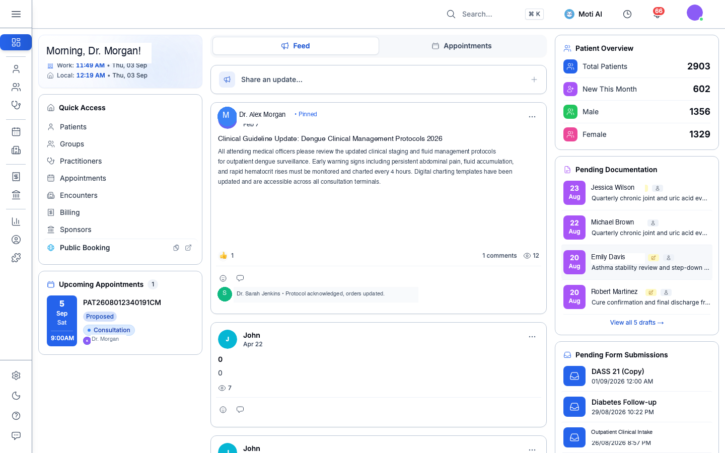 Clinic Dashboard Quick Access with Public Booking & Pending Form Submissions