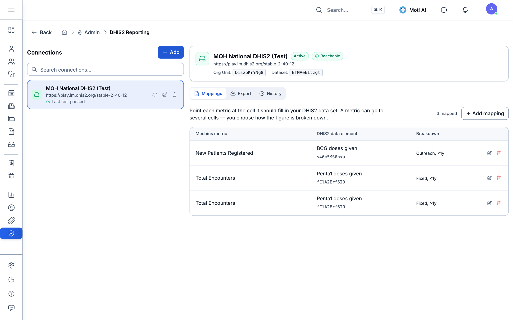 DHIS2 Server Connection Configuration and Indicator Mappings