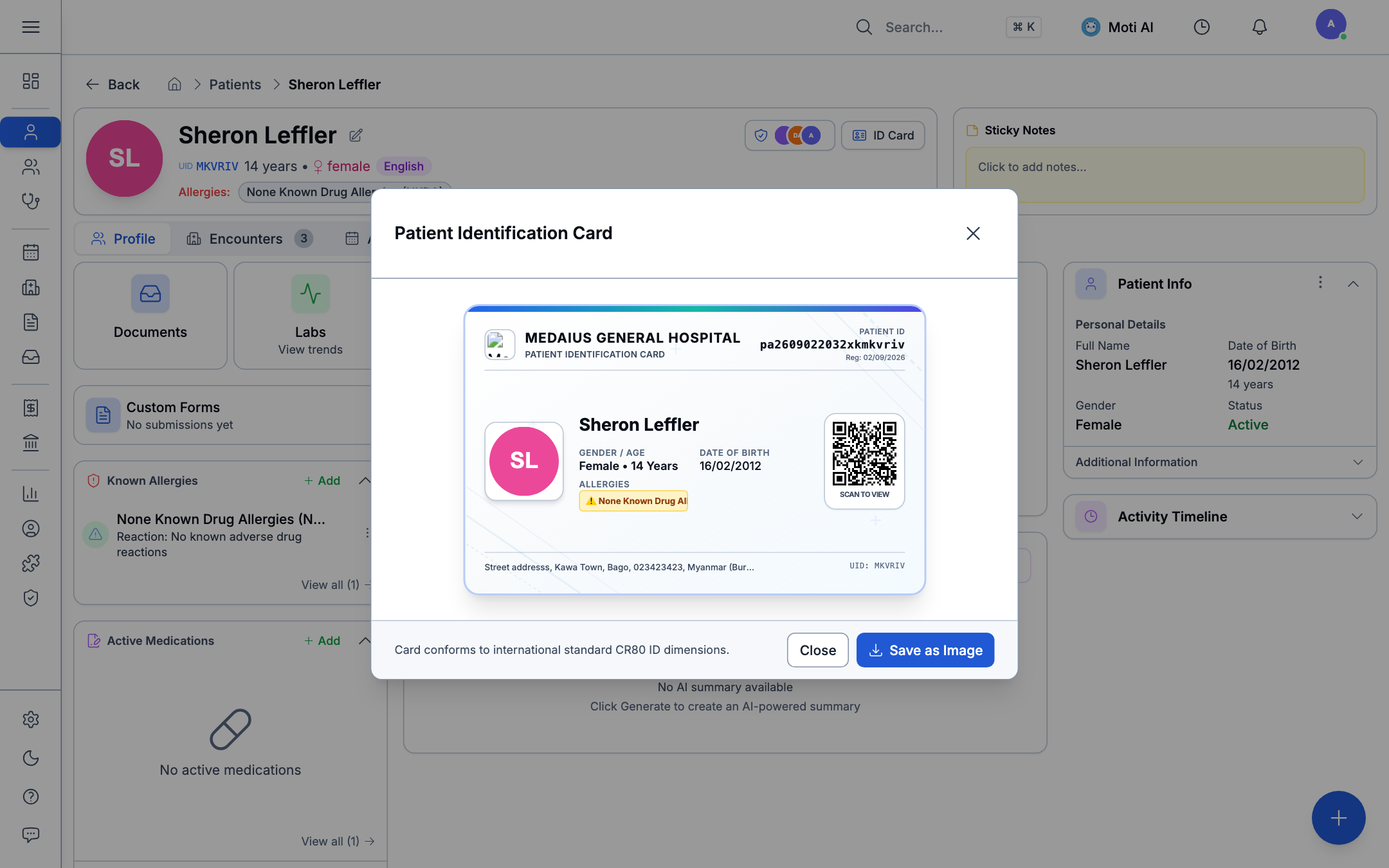 Printable Patient Identity Card Modal