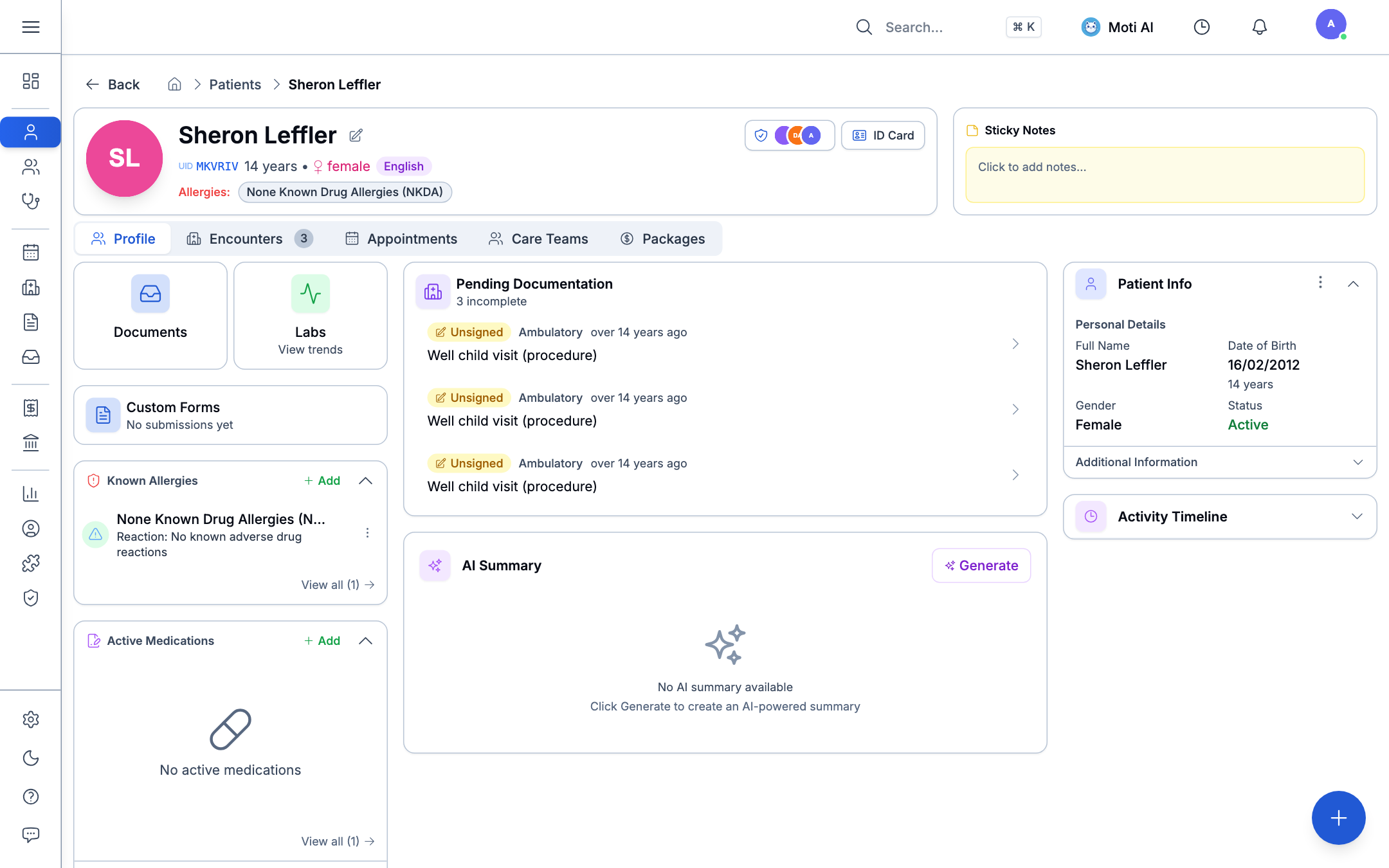 Medaius Patient Profile Workspace and Medical Summary