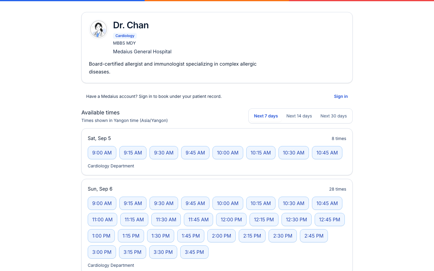 Public Clinic Timetable and Bookable Time Slots