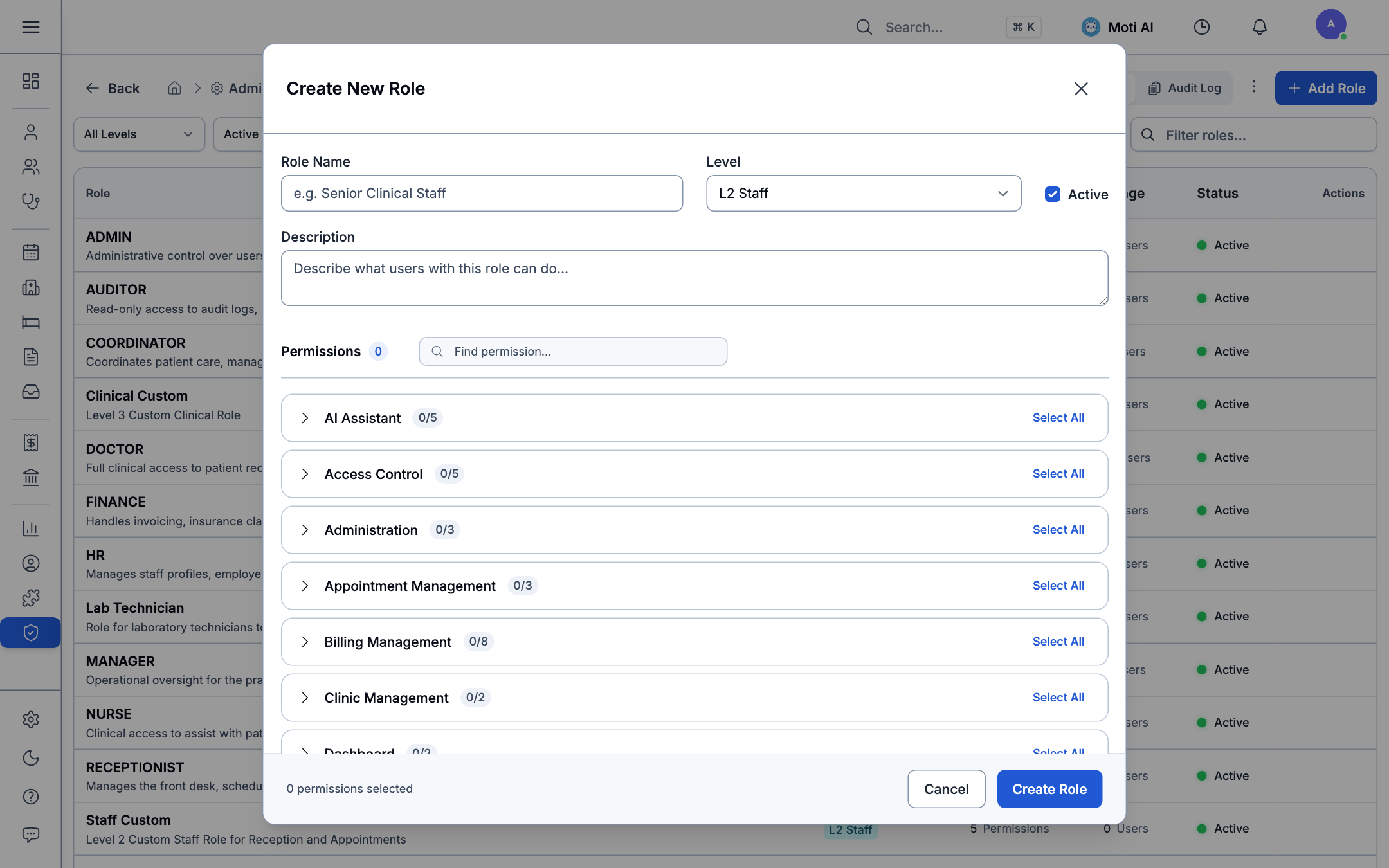 Granular Role Configuration and Permissions Assignment Modal